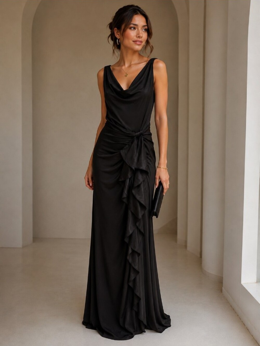 Cache Black Cowl-Neck Ruffle Maxi Dress